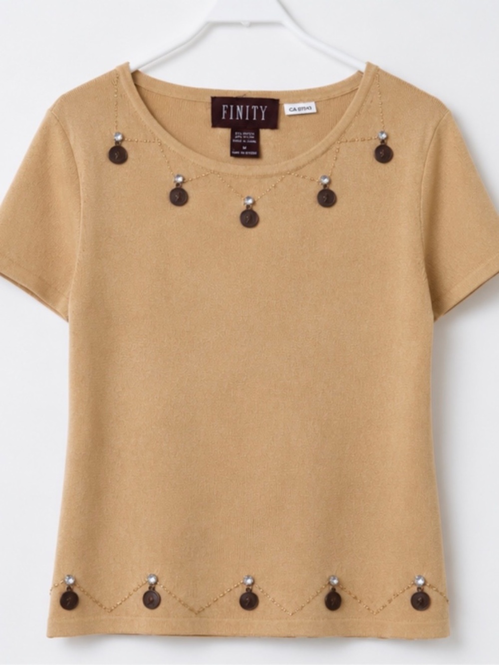 Finity Women’s Beige Embellished Knit Top Size M Beaded Charm Short Sleeve